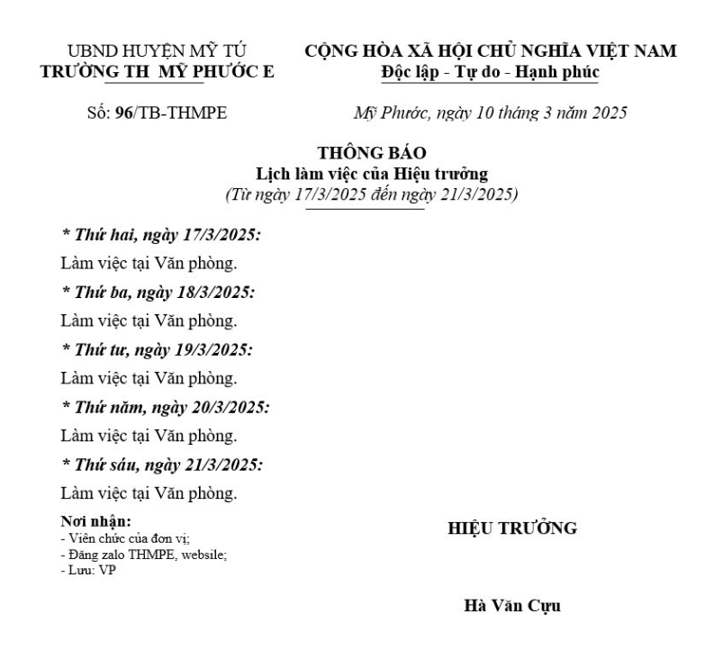 Lịch hiệu trưởng từ 17/03 đến 21/03/2025